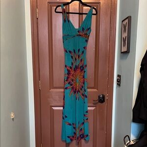 Papillon Teal Floral V-Neck Maxi Dress M